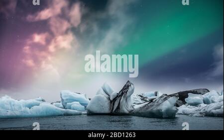 Northern lights aurora borealis over Jokulsarlon glacier ice lagoon in Iceland Stock Photo