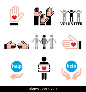 Volunteer, people helping other, charity concept vector icons set Stock Vector