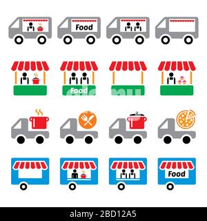 Food truck, food stand, food trailer, food delivery - pizza, farmer's market vector icons set Stock Vector
