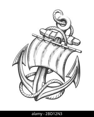 Ship Anchor with Sail and Ropes Tattoo drawn in Engraving Style. Vector illustration. Stock Vector