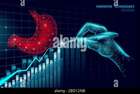 Human stomach 3D low poly render probiotics. Healthy normal digestion growing graph. Modern science medicine allergy immunity thearment vector Stock Vector