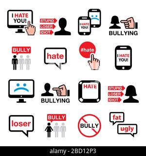 Cyberbullying, bullying online other people vector icons set Stock Vector