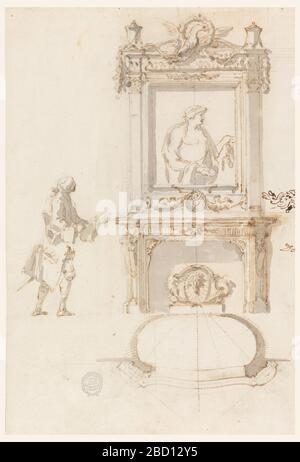 Design for a Fireplace Antinous Room Villa Albani Rome Italy. Surmounted by a central eagle, floral garland, and corner vases, the overmantel, presented as an elevation, contains an antique relief of Antinous. The chimneypiece and fire screen below are decorated by garlands, rosettes, and shells. A man approaches from the left. Design for a Fireplace Antinous Room Villa Albani Rome Italy Stock Photo