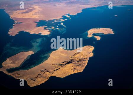Aerial view of Saudi Arabia and the straits of Tiran between the gulf of Aqaba Red Sea and the Indian Ocean Stock Photo
