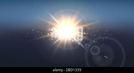 Realistic Sun Burst on blue sky wide background. Vector illustration. Stock Vector