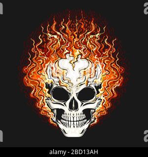 Hand drawn Smiling Skull in fire Flame on black background. Vector illustration. Stock Vector