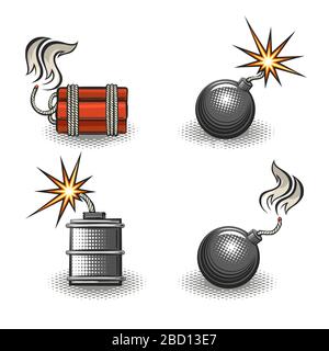 Cartoon Bomb Emblem Set drawn in cartoon style. Vector illustration. Stock Vector