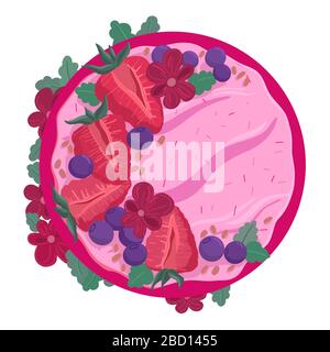 Acai smoothie bowl with strawberries, blueberries, flowers top view. Healthy natural breakfast. Portion of smoothie with fruits in a bowl isolated on Stock Vector