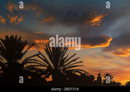 Silhouette of a minaret (mosque) and date palms against a beautiful colorful sky at sunset. In Ouarzazate, Morocco. Stock Photo