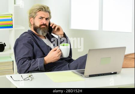 Sharing fresh ideas. relaxed businessman in home office. online agile business. man using laptop indoor. bearded man looking at his laptop screen. making business at home. e-commerce and shopping. Stock Photo