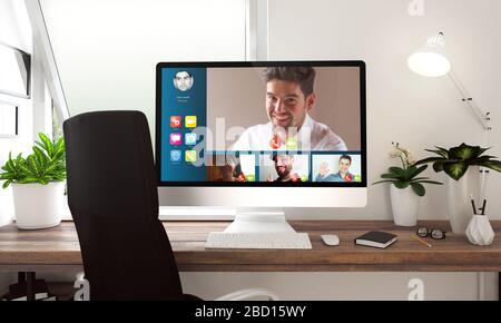 Computer with video conference on table 3d rendering Stock Photo