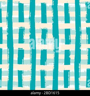 Isolated painterly line seamless vector pattern background. Broken up grunge texture stripe geometric aqua blue white backdrop. Repeat modern plaid Stock Vector