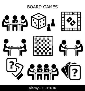 Board games, people playing cards and chess or draughts at the table vector icons set, fun activity while staying at home with friends and family Stock Vector