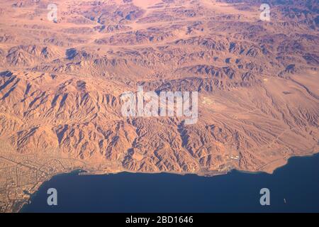 Aerial view of the Kingdom of Jordan from the gulf of Aqaba Red Sea Stock Photo