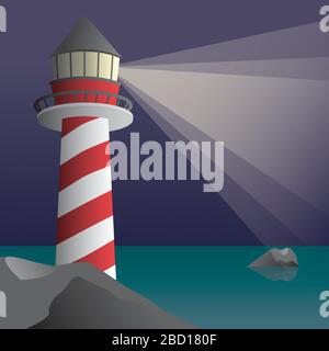 A lighthouse by the sea. In the sea is a rock and the lighthouse stands on a rock. Stock Vector