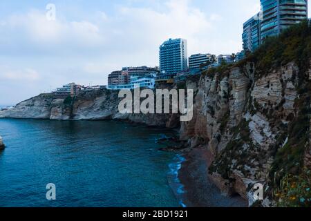 Raouche, Lebanon - May 05, 2017: View of modern buildings and cliff at Raouche. Stock Photo