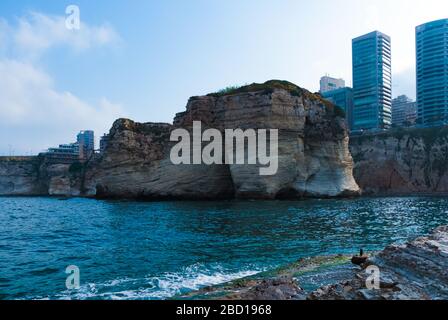 Raouche, Lebanon - May 05, 2017: View of modern buildings and cliff at Raouche. Stock Photo