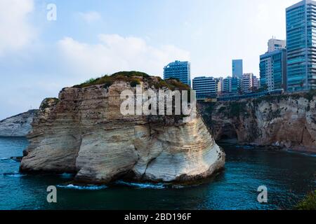 Raouche, Lebanon - May 05, 2017: View of modern buildings and cliff at Raouche. Stock Photo