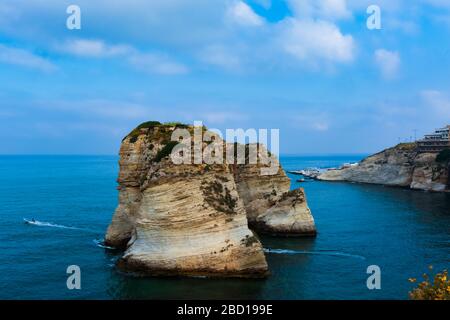 Raouche, Lebanon - May 05, 2017: Serene view of Pigeon's rock in Raouche, Lebanon. Stock Photo