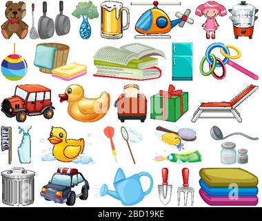 https://l450v.alamy.com/450v/2bd19ke/large-set-of-household-items-and-many-toys-on-white-background-illustration-2bd19ke.jpg