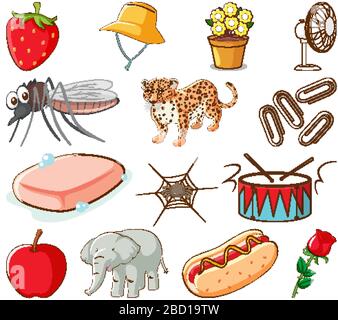 Large set of different animals and other objects on white background ...