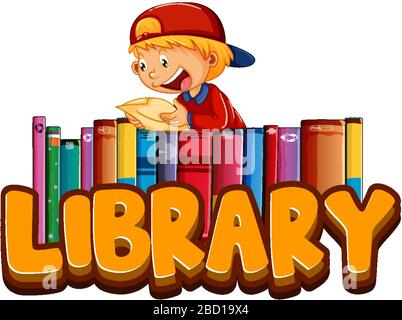 Font design for word library with happy boy reading illustration Stock Vector