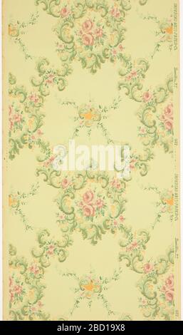 Ceiling paper. Research in ProgressTreillage pattern of pink and green floral vining, with bouquets and foliate scrolls. Ground is light green and embossed in a grid-like pattern. Printed in pinks, greens and gold mica.Printed in selvedge: "Imperial Wallpaper Co. Sandy Hill. N. Y. 992" Ceiling paper Stock Photo