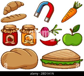 Large set of different food and other items on white background illustration Stock Vector