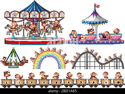 Set of happy monkeys riding on different rides in the circus illustration Stock Vector
