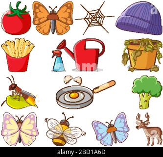 Large set of different animals and other objects on white background illustration Stock Vector