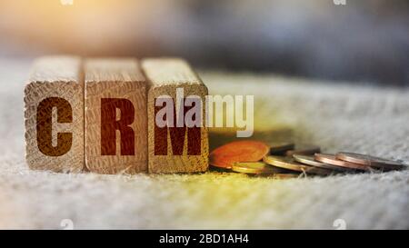 Closeup of CRM text written on wooden blocks with coins around. Business concept Stock Photo