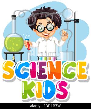 Font design for word science kids with kid in the lab illustration Stock Vector