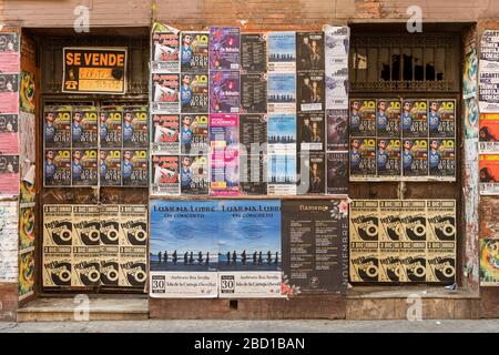 Old music event and concert posters stuck on a wall in Seville Spain Stock Photo