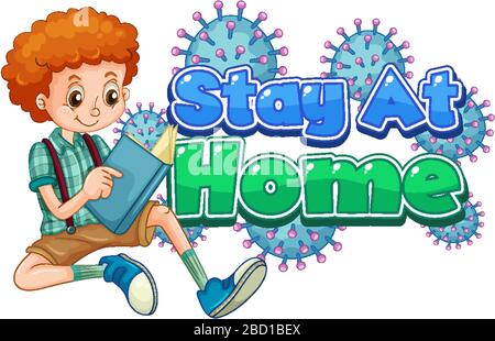 Coronavirus poster design for stay at home with boy reading book illustration Stock Vector