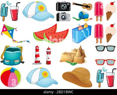 Large set of different summer objects on white background illustration Stock Vector