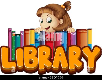 Font design for word library with happy girl and books illustration Stock Vector