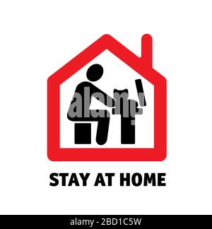 Stay home remote work computer with cat icon sign Stock Vector