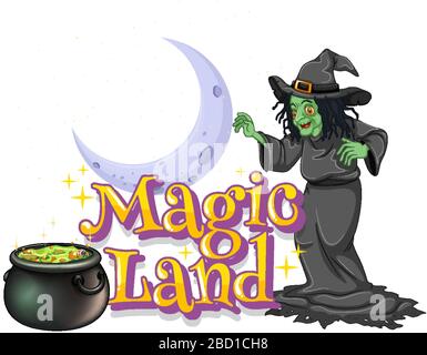 Font design for word magic land with green witch and magic brew illustration Stock Vector