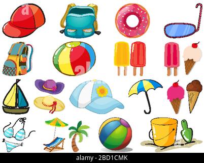 Large set of different summer objects on white background illustration Stock Vector