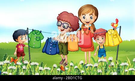 Nature scene background with family doing laundry in the garden illustration Stock Vector