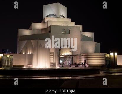 A view of The Museum of Islamic Art at night in Doha, Qatar.  Add to Stock Photo