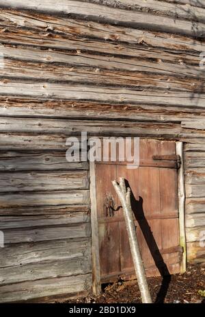 An Old Wooden Log Door Is Closed, Locked And Latched With A Log Beam 