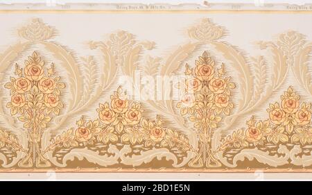 Frieze. Research in ProgressA repeating design of geometric flowering trees within scrolling acanthus-like borders connected by complementary flowering vines upon a background of brown, resembling water, turning into cream with horizontal splashes, complementing the darker area below, be Frieze Stock Photo