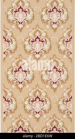 Sidewall. Research in ProgressRepeating design of floral medallions, each connected to another by a floral swag. Printed in deep red and white on a tan ground. Sidewall Stock Photo