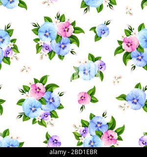 Vector seamless pattern with blue, pink and purple pansy flowers. Stock Vector