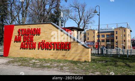 Berlin, Germany. 06th Apr, 2020. Writing on the closed stadium grounds 'An der Alten Försterei'. Union Berlin will start training in groups of two, excluding the public. Credit: Andreas Gora/dpa/Alamy Live News Stock Photo