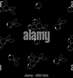 Natural delicious berries seamless pattern with blueberries, vector white illustration on black background. Stock Vector