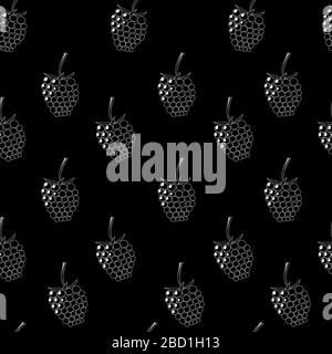 Natural delicious berries seamless pattern with raspberries, vector white illustration on black background. Stock Vector