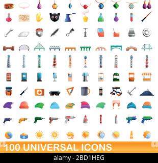 100 universal icons set. Cartoon illustration of 100 universal icons vector set isolated on white background Stock Vector