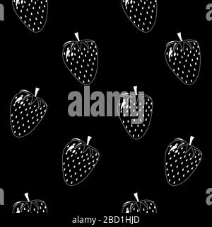 Natural delicious berries seamless pattern with strawberries, vector white illustration on black background. Stock Vector